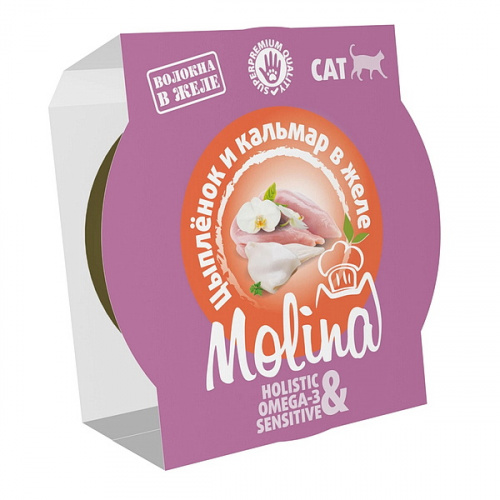 Molina влажный корм для кошек с цыплёнком и кальмаром в желе, ламистер, 75 г