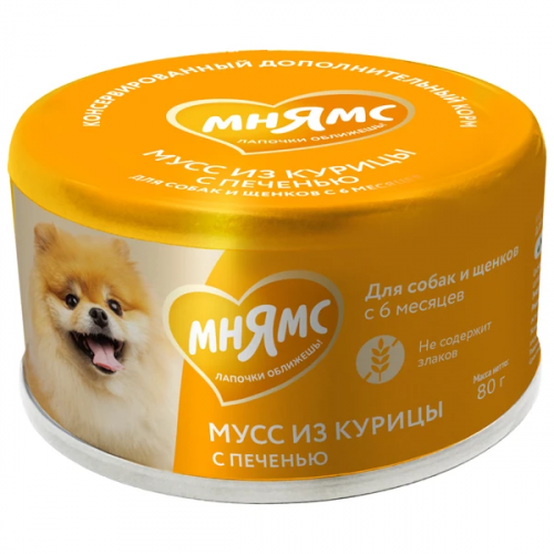 Мнямс влажный корм для собак и щенков, мусс с курицей и печенью, 80 г