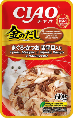 INABA Kinnodashi влажный корм для кошек с тунцом и палтусом в желе, 60 г