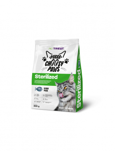 NU:Treat Purrr Choosy paws, Sterilized. Корм для стерилизованных кошек с белой рыбой 400г
