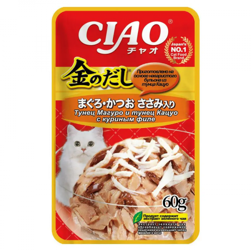 INABA Kinnodashi влажный корм для кошек с тунцом и куриным филе в желе, 60 г