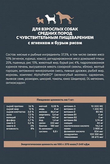 AlphaPet (АльфаПет) WOW д/с средних пород с чувствительным пищеварением Ягненок бурый рис 7кг