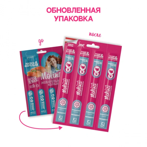 Молина Лакомство для кошек и котят "Колбаски жевательные с индейкой и уткой", METABOLIC, 20г