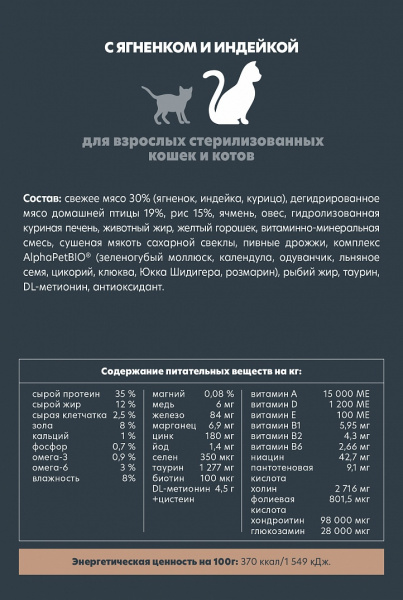 АльфаПет для кошек стерилизованных Ягненок индейка 400г